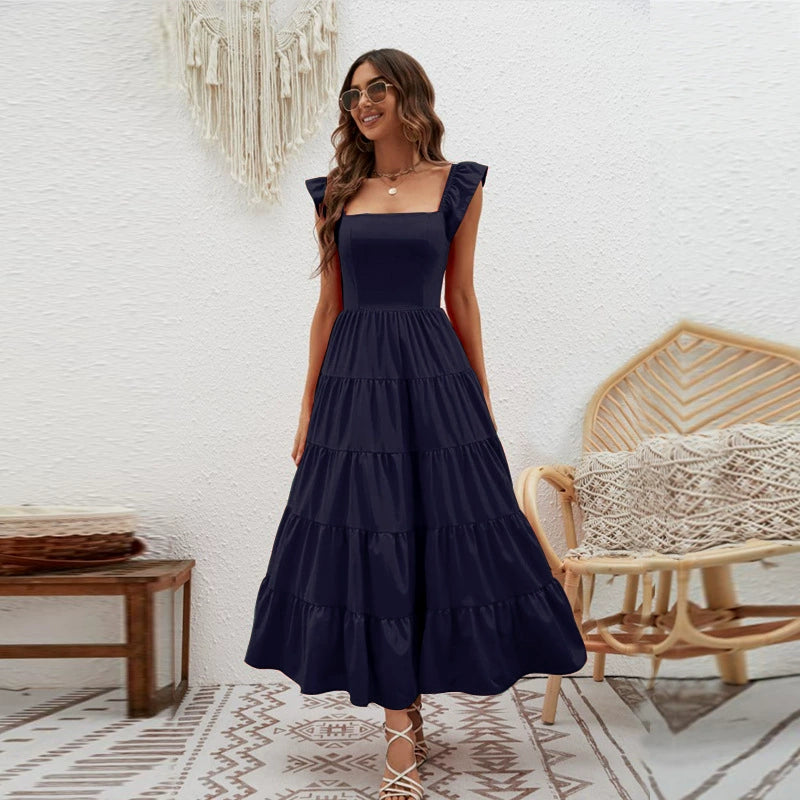 Collarless Short Babs Sleeved Waistband Dress Collarless Short Sleeve Waist-Controlled Long Dress