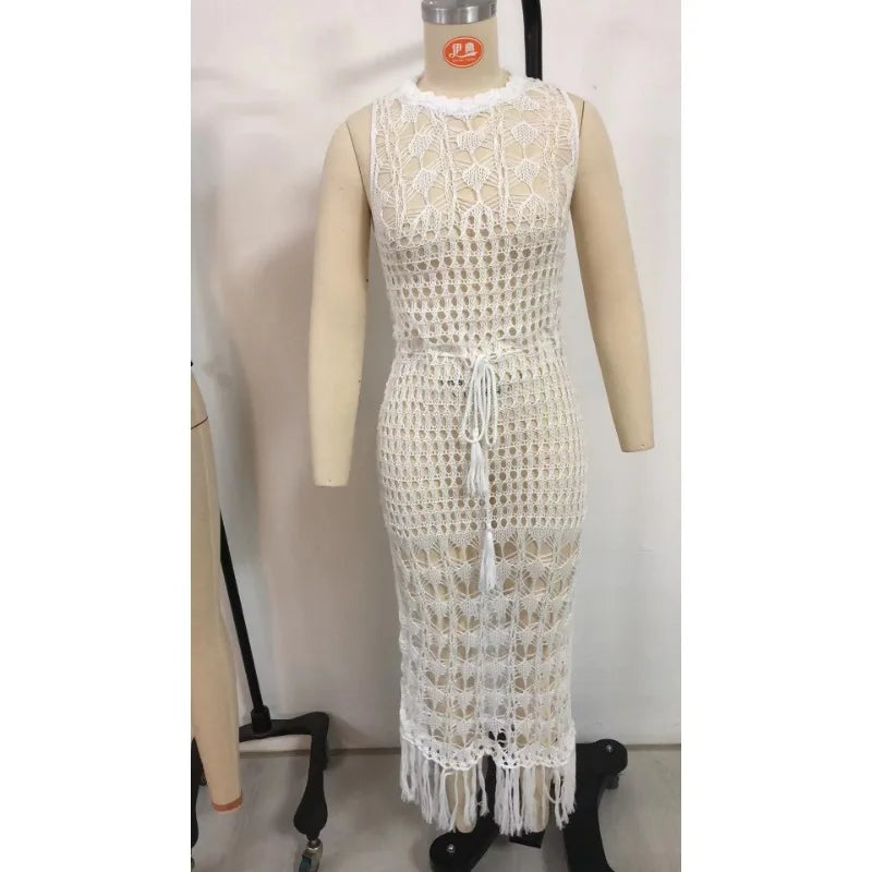 Woman Beach Cover Up Tassel Backless Long Dress Knitted Crochet High Split See-through Maxi Dress Cover-ups Beach Wear Outfits