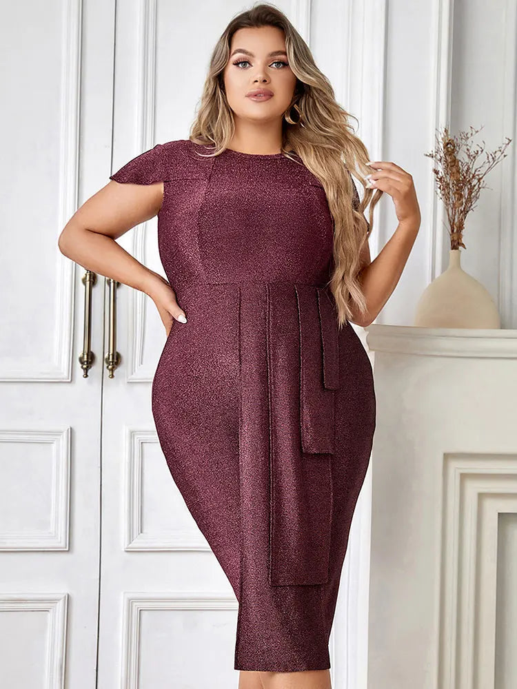 Babs Shiny Purple Dresses Fashion New Women's O-Neck Short Sleeve Extra Large Knee Length Dress Celebrity Evening Party dress