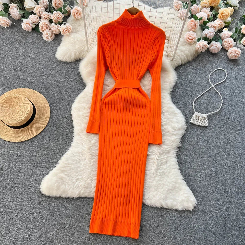 Babs Green Winter Turtleneck Sexy Women Dress Autumn Long Sleeve Skinny Macy  Bodycon Casual Sweater With Belt Party Club