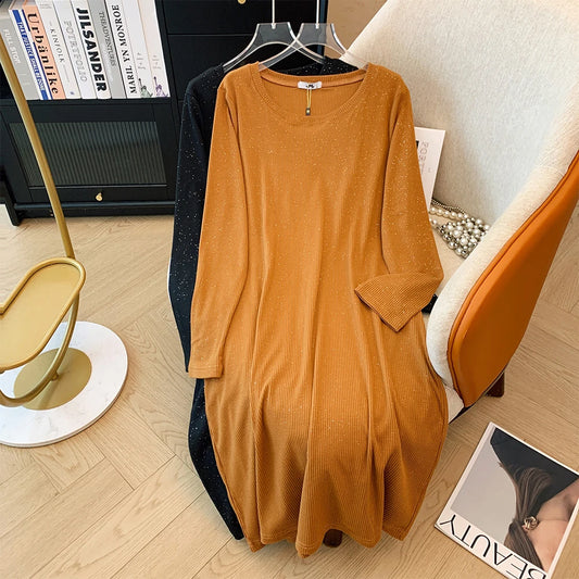 Maxy Plus-size women's fall casual knit dress solid color round neck slit bottom sequin decoration simple matching MIDI skirt 2024