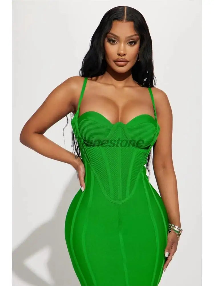 Maxy Hot Style Green Sexy Low Cut Bag Buttocks Strap Fashion Party Bandage Dress