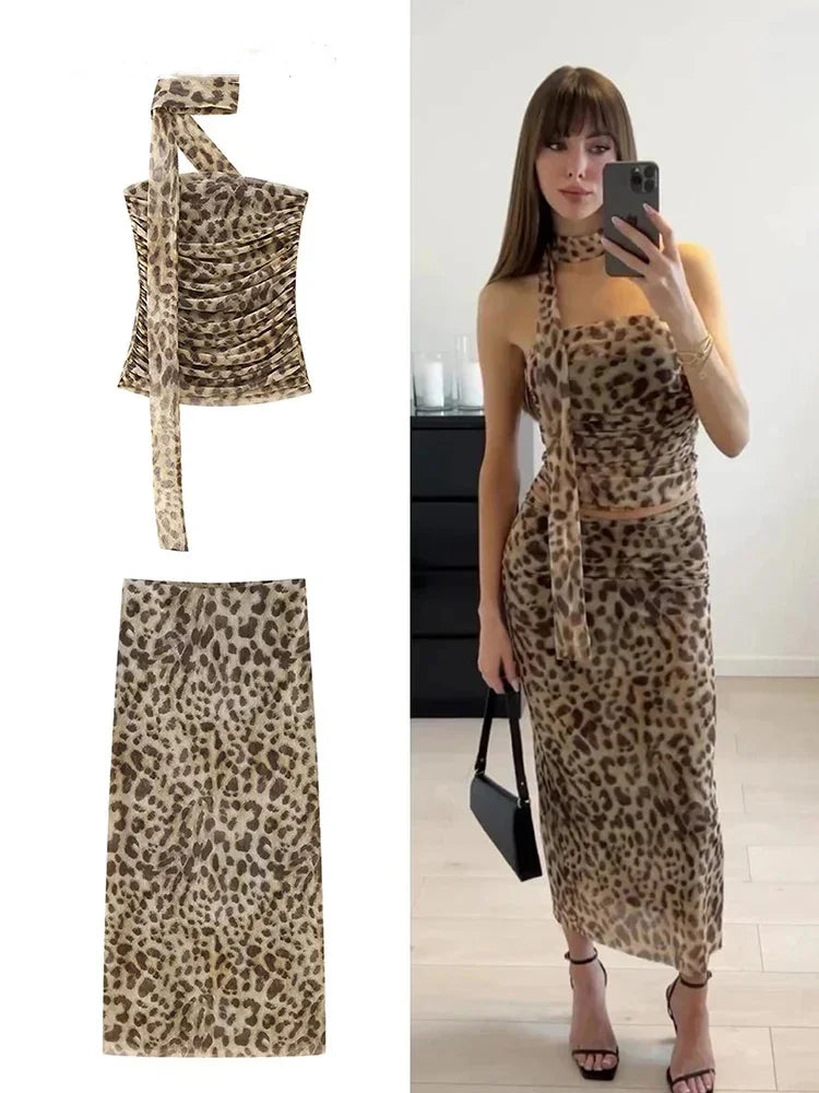 Maxy New Fashion Retro Women's Leopard Pattern Two Piece Set Korean Sleeveless Round Neck Women Top Wrapped Hip Ankle Long Dress