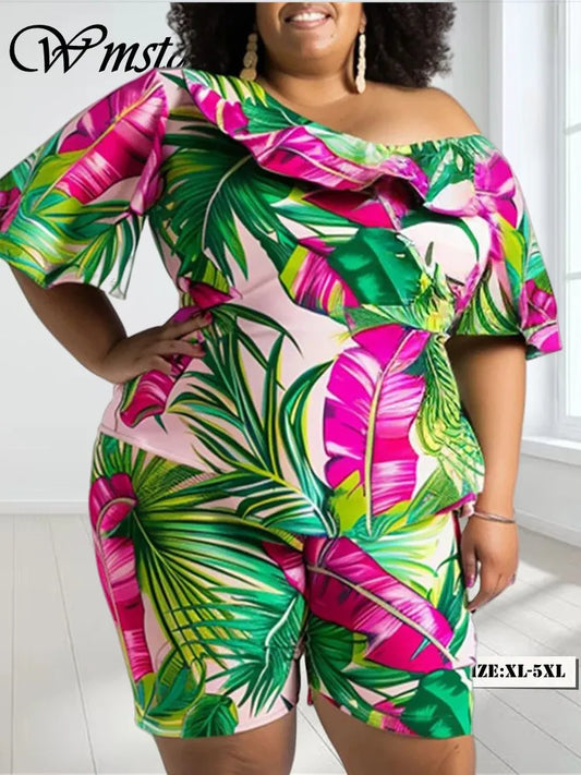 Maxy Plus Size Two Piece Sets Women Clothing Print Off Shoulder Top Short Sets Casual Matching Outfits