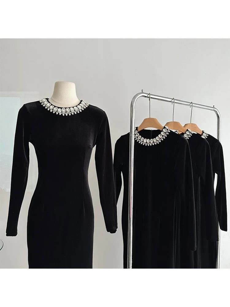 Babs New Design Elegant Black One-Piece A-Line Dress Office Lady Formal Occasion O-Neck Prom Gown Luxury Beading Pearl Sparkly Autumn