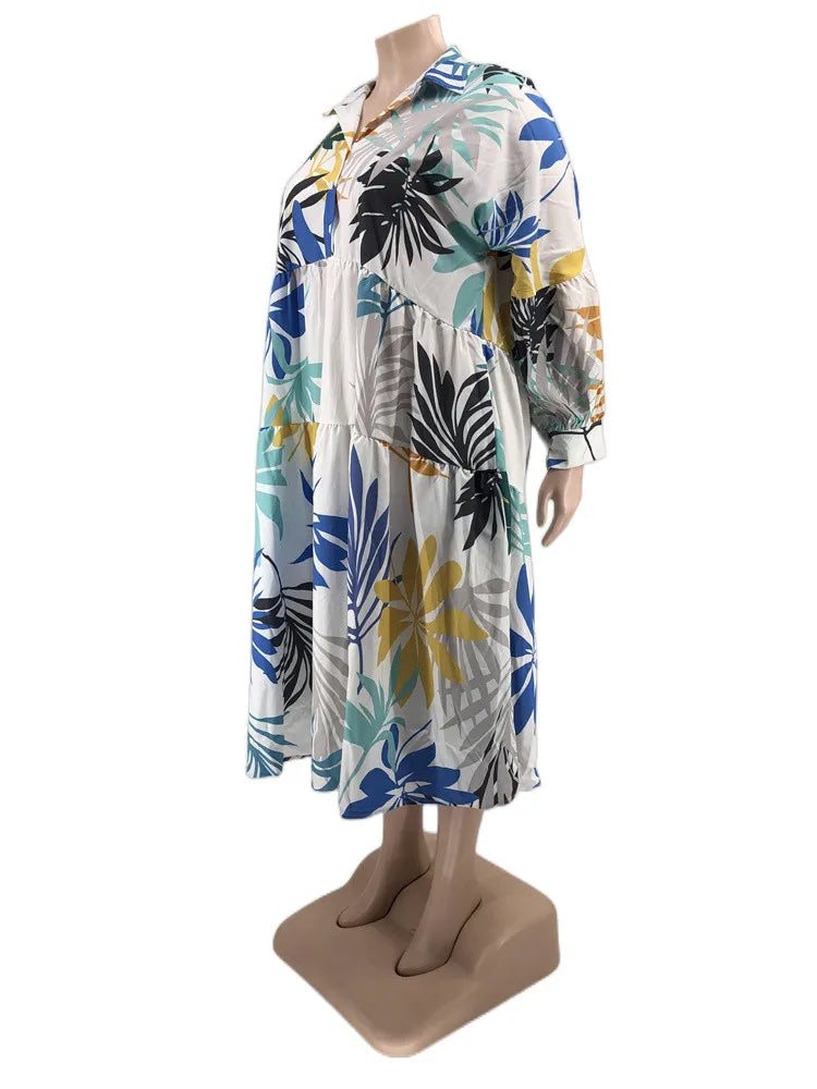 Maxy Plus Size Women Clothing Dresses Xl-5xl Flower Printed Long Sleeve Shirts Elegant Dress.