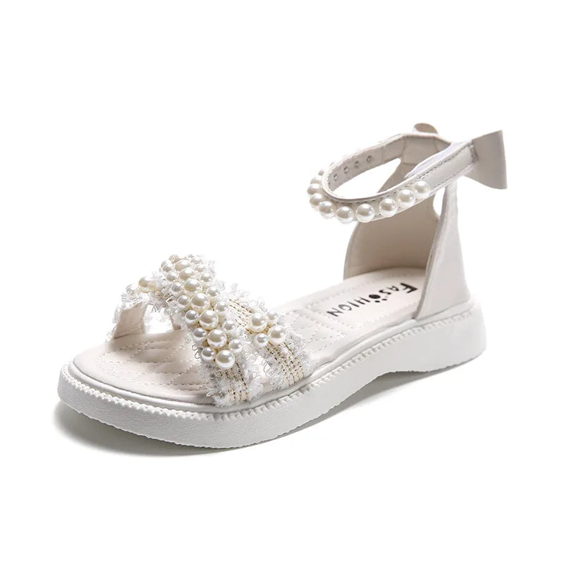 MaxyGirls Sandals 2024 New Summer Princess White Party Sandals Pearls Platform Baby Casual Beach Shoes Non-slip Flats with Bowknot