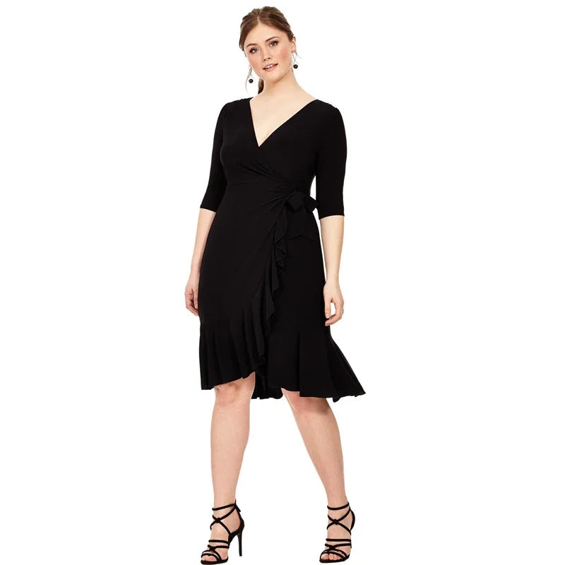 Maxy Plus Size Sexy V-neck Elegant Wrap Summer Dress Women Ruffle Trim Tie Back Half Sleeve A-line Work Dress Large Size Party Dress