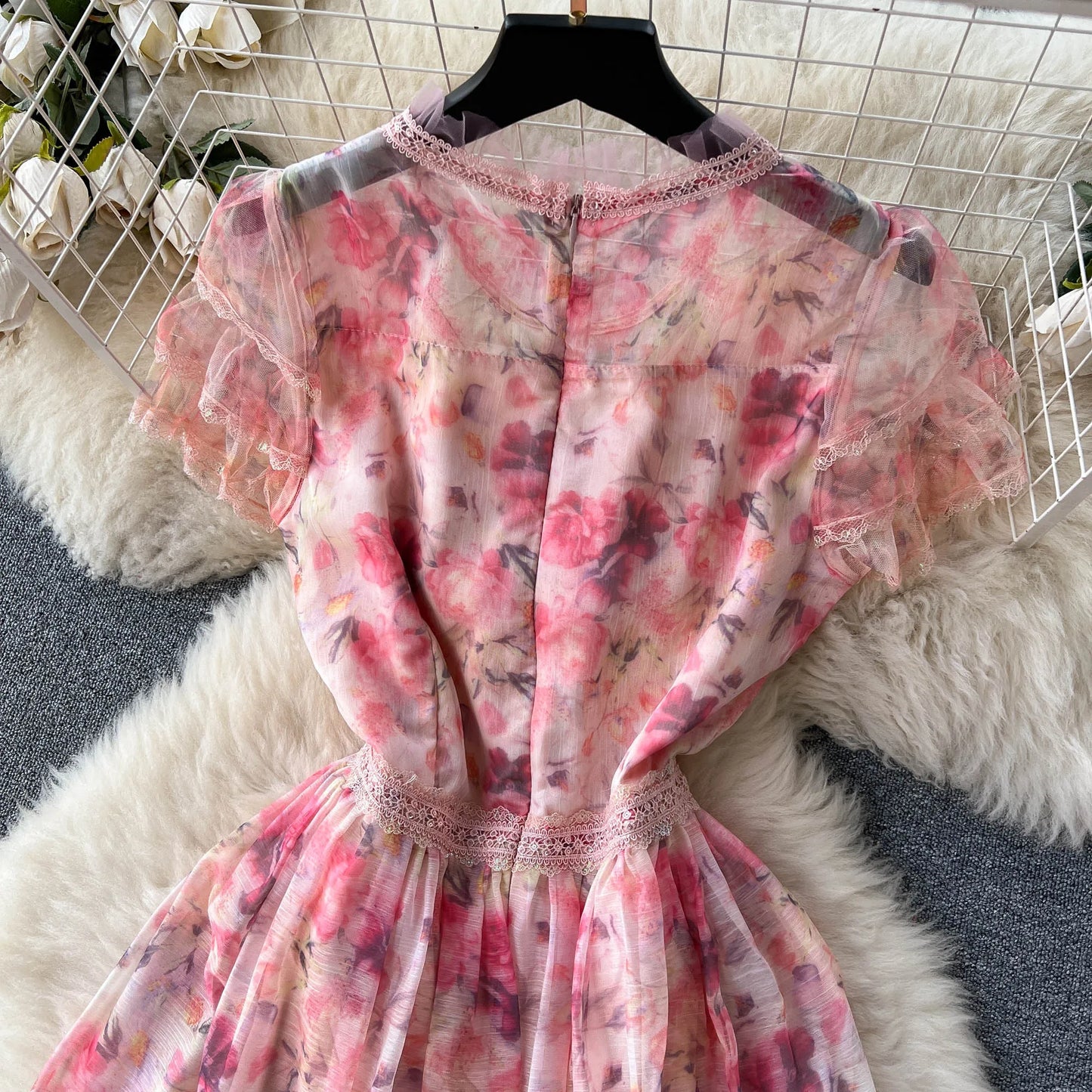 Summer Mesh Printed Dress Women Elegant Ruffle Edge Vintage High Waist Pink Party Dresses Ladies Slim A-line Floral Long Robe