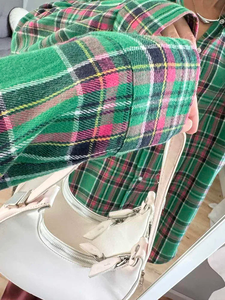Maxy Green Vintage Plaid Shirt Women Oversize Top Long Sleeves Autumn Winter Loose Women's Shirt And Blouses Oversized