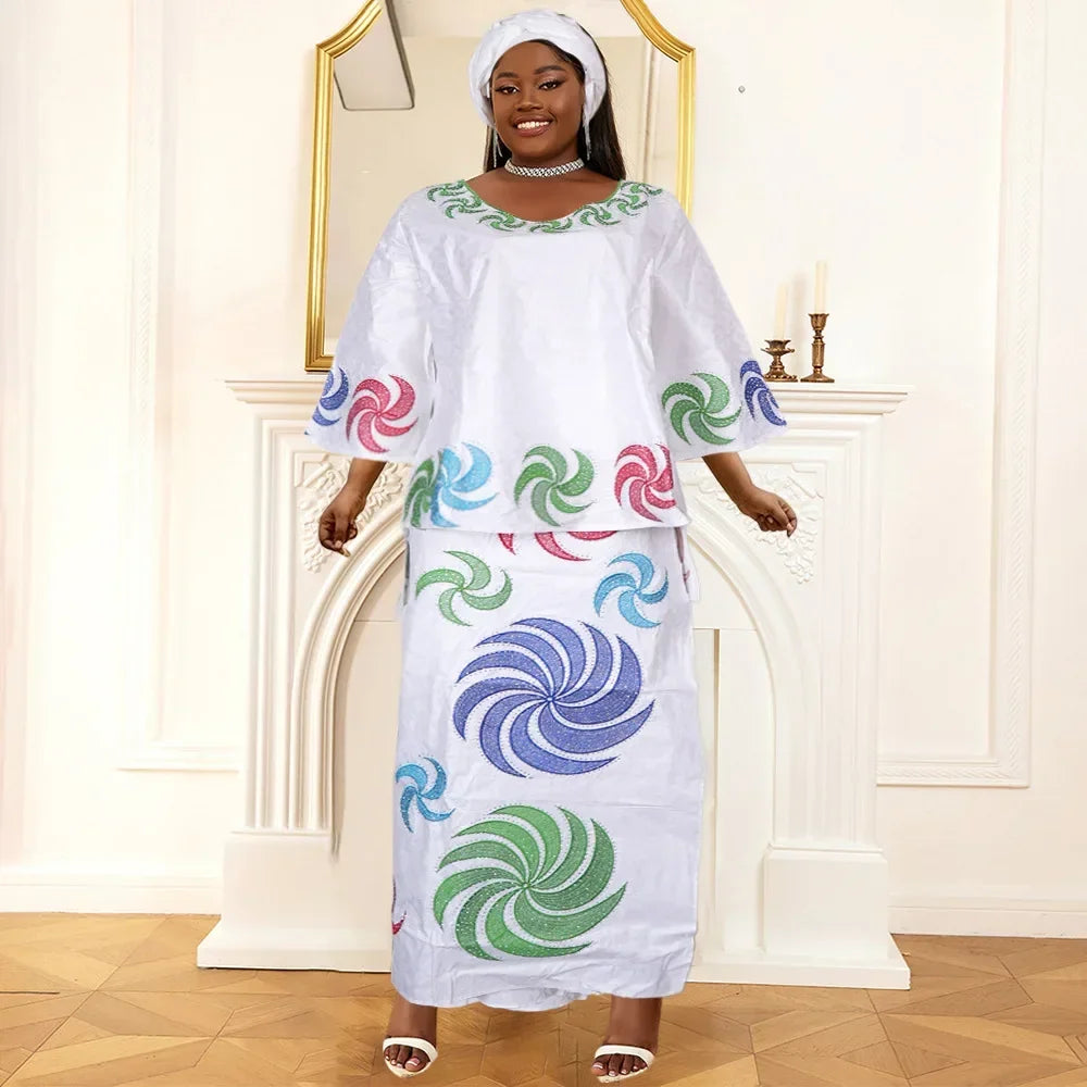 Amay With Headscarf Plus Size African Clothes for Women Dashiki Ankara Evening Gown Outfit Wedding Party Top Skirt Matching Sets