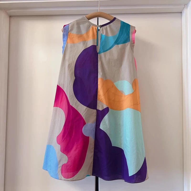 Maxy Summer Holiday Printing Dress Women O-neck Sleeveless Knee Robes 2024 Vintage Loose Tank Sundress Beach Oversize dress