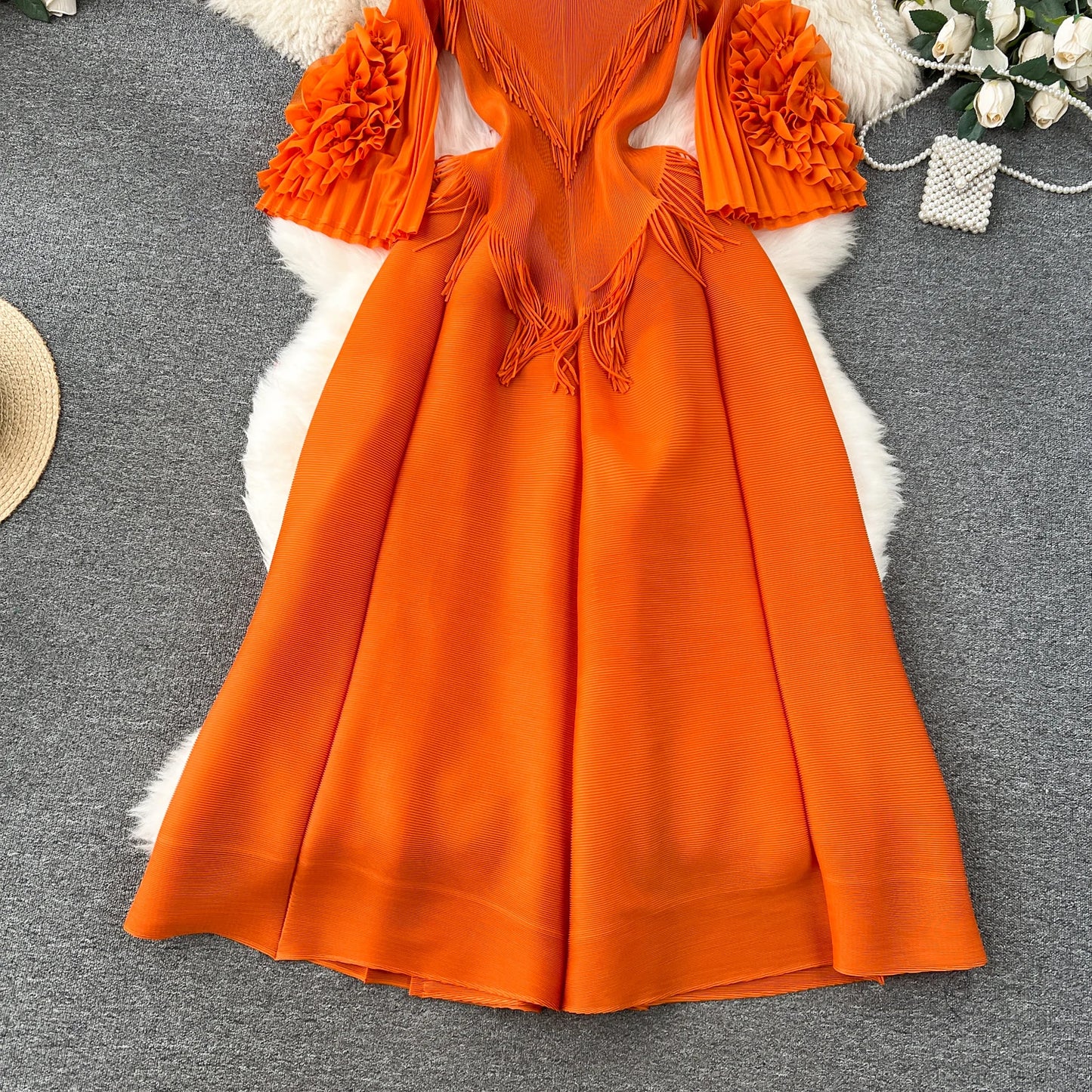 Vintage Elegant V-neck Flare Sleeve tassels pleated Dress A-line Fashion Beach Spring Summer Vestidos Women  Dresses