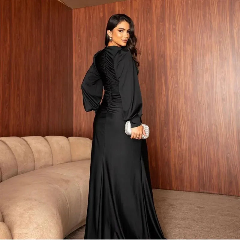 Classy Babs Long Sleeve Prom Dresses with Slit V-Neck Formal Evening Dresses Pleated for Women