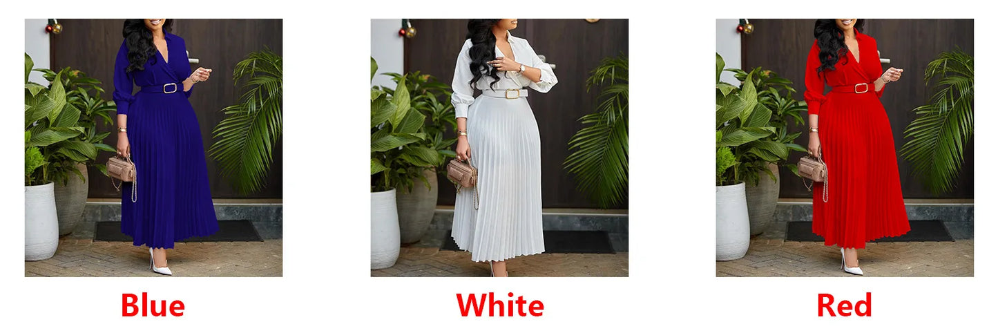 Macy Dresses For Women Autumn New V-neck Fashion Elegant Pleated Dress Robe Femme African Clothing Midi Dress Party