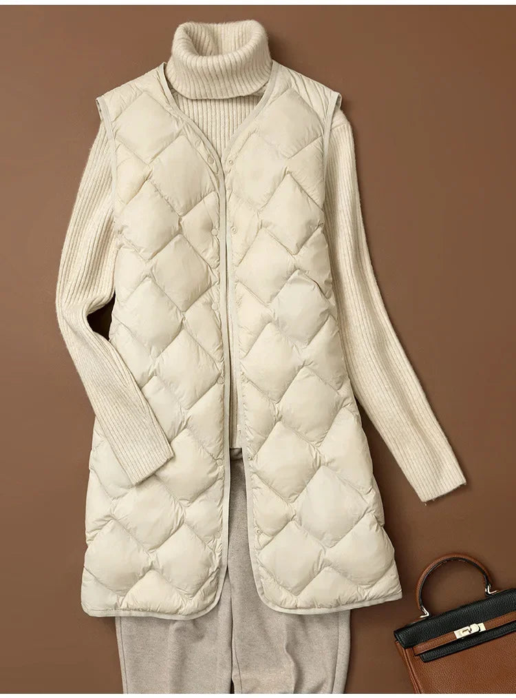 Maxy Plus Size Female Korean V-neck Casual Ultra-Light Vest Coat Autumn Winter Women X-Long White Duck Down Warm Sleeveless Jackets