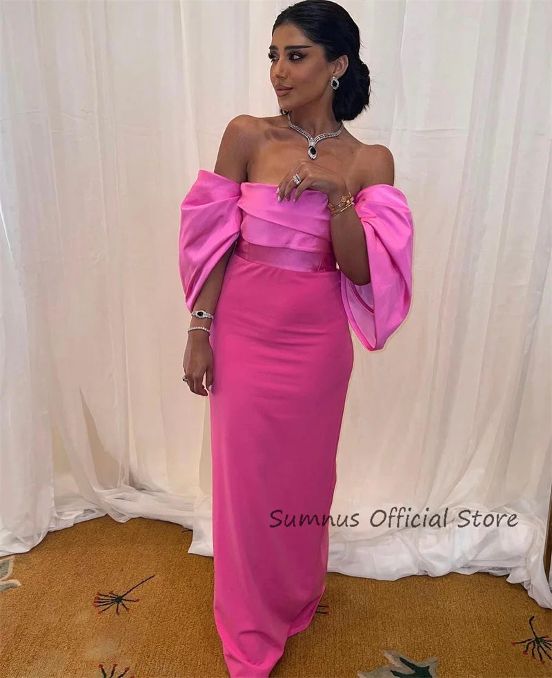 SUMNUS Simple Off Shoulder Mermaid Evening Dresses Hot Pink Arabic Women Floor Length Prom Gowns Formal Party Dress فساتين سهرة