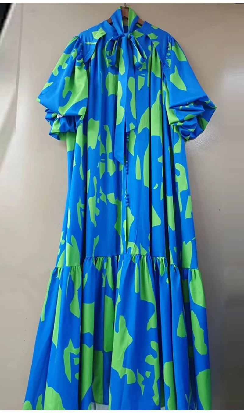 Maxy Elegant single-breasted bubble short sleeve geometric printing casual loose dress summer ladies temperament lace-up dress