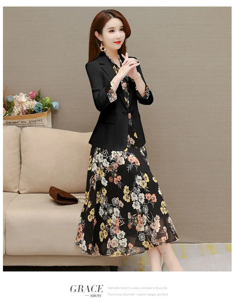 Korean Babs Elegant Suit Jacket Dress Set Women's Autumn New Fashion Blazer Coat Chiffon Floral Dresses Two Piece Female Clothing