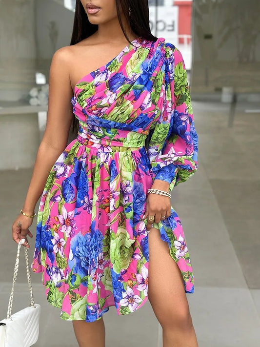 Maxy New Boho Print Women Dress Spring Fashion Sexy Off Shoulder Office Elegnat Casual Dresses Female Sweet Party Dress Robe Femme