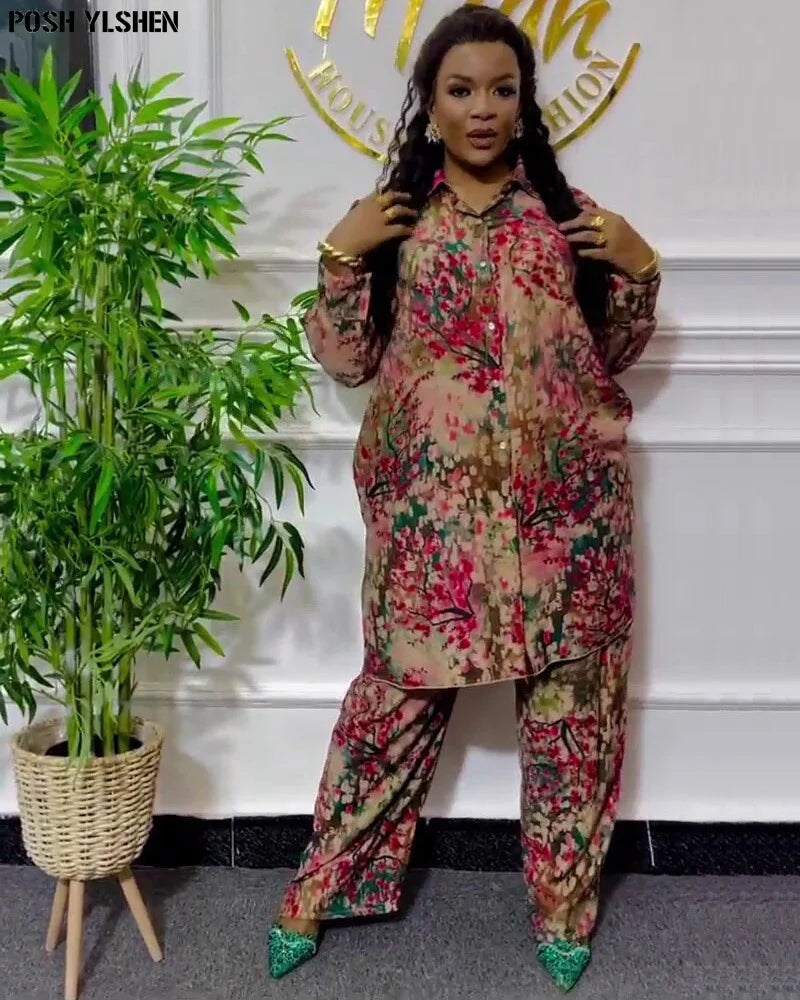 Two Piece Set Clothes for Women African Print Dresses Vacation Outfit 2024 Shirt Pants Suit Dashiki Ankara Turkey Gown Plus Size