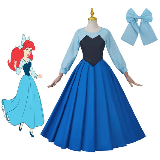 Macy Mermaid Cosplay Ariel Blue Dress with Bowknot Headwear for Women Elegant Princess Ball Gown Halloween Carnival Party Costume