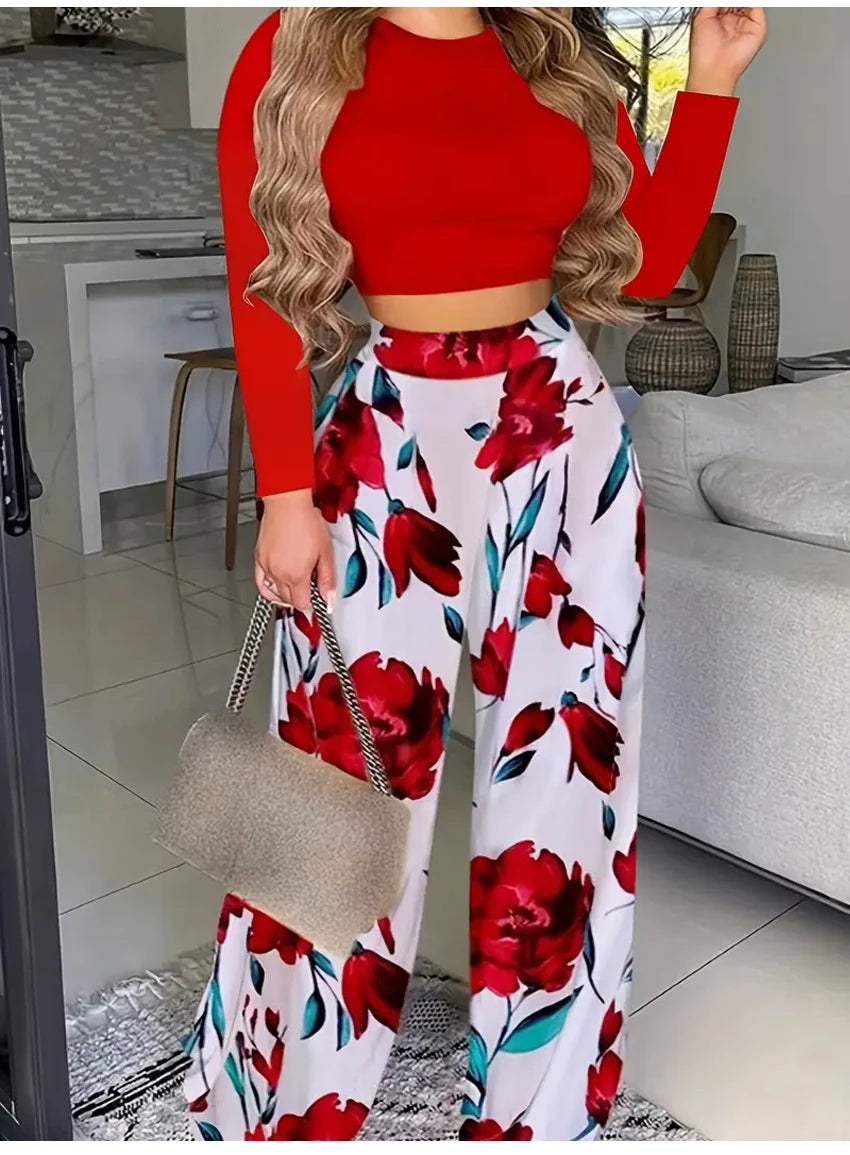 Macy Casual Fashion Two-piece Set Female Solid Long Sleeve O-Neck Tops & Floral Print Wide Leg Pants Outfits Women's Clothing