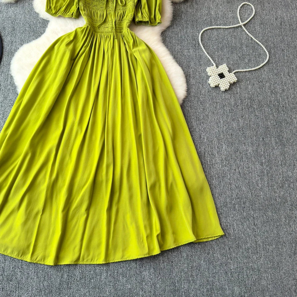 Babs Chic Elegant Square Collar Macy Dress Women Solid Short Puff Sleeve Dresses 2024 Korean Fashion Vintage Ruffle Vestidos