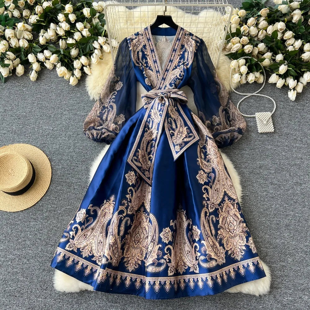 Maxy Temperament V Neck Lantern Sleeve One-piece Type Robe Mesh Lace Up Panelled Big Swing Vestidos Court New Print Moda Dress