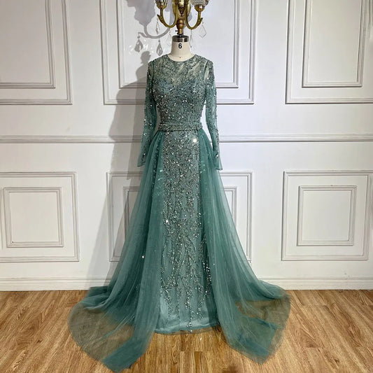 Maxy Serene Hill Arabic Turquoise Mermaid Gown with Tulle Overskirt And Beaded | Evening Dresses LA72601 Customized
