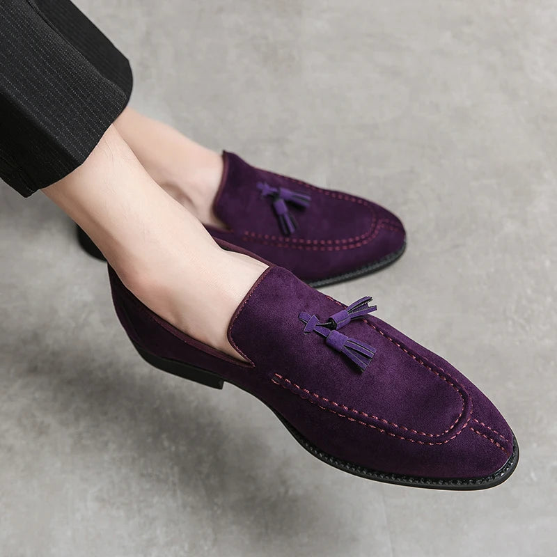 Visco Men's Loafers Brand Suede Leather Shoes Vintage Slip-on Classic Casual Men Driving Shoes Wedding Male Dress Shoes Tassel pointed