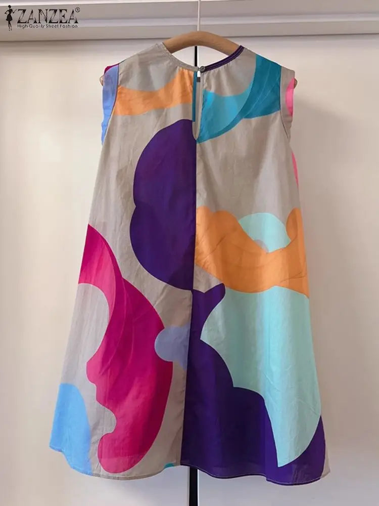 Maxy Summer Holiday Printing Dress Women O-neck Sleeveless Knee Robes 2024 Vintage Loose Tank Sundress Beach Oversize dress