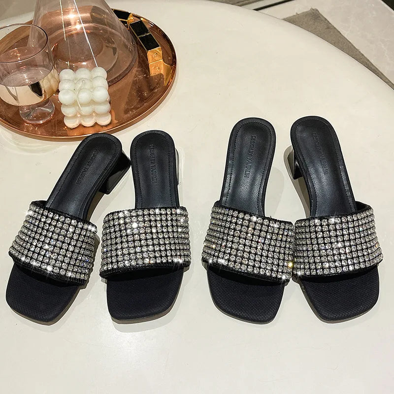 Maxy Sandals Woman Summer New Open Toe Rhinestone Chunky Heels High Heels Luxury Brand Designer Shoes Office Sexy Lady Slippers