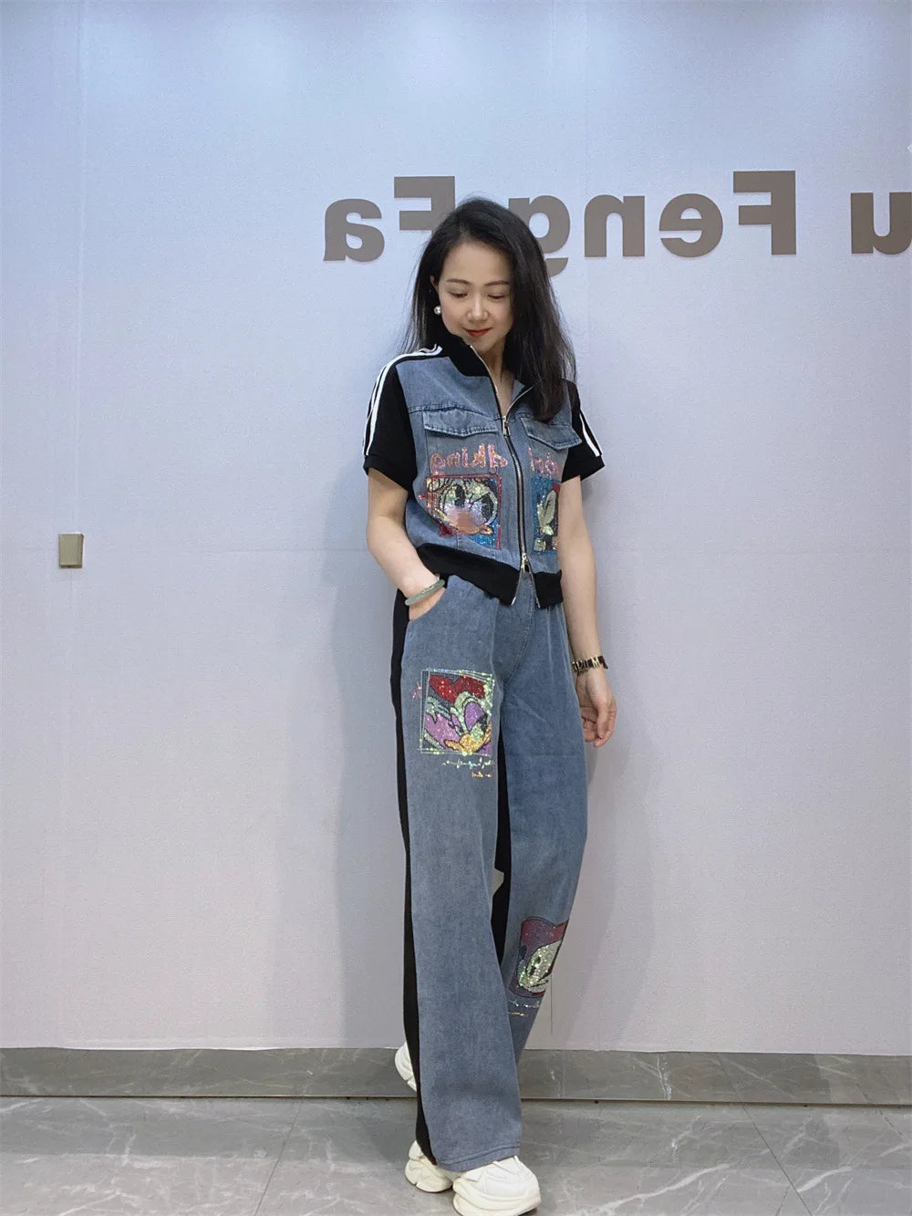 Maxy Short Zipper Cardigan and Pant Two-piece Sets Women Summer Fashion Sportswear Short Sleeve Top Long Pants Hot Diamond Denim Suit