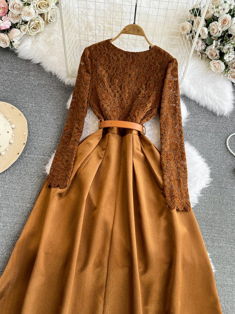 Macy Autumn Winter Elegant Women V-neck Lace Mesh Patchwork Midi Dress Vintage Lady Empire Slim A-line Dress with Belt