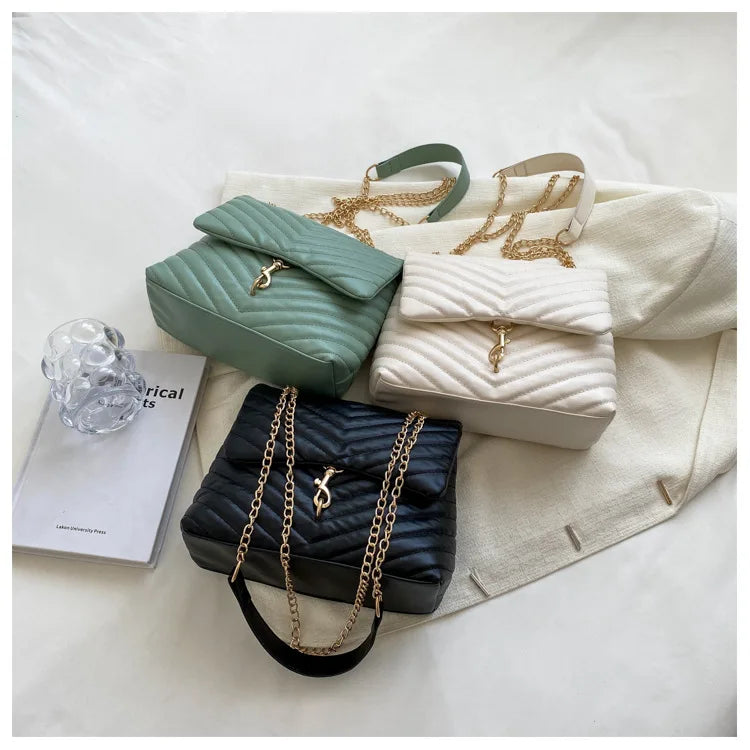 Maxy Casual Chain Crossbody Bags For Women Fashion Striped Shoulder Bag Large Capacity Flap Ladies Handbags