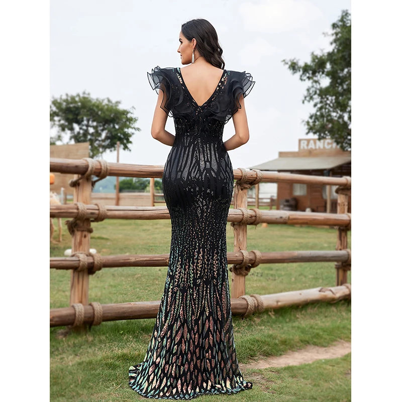 New Gracy Summer Women Sexy Deep V Neck Backless Ruffle Elegant Sequined Evening Gown Party Cocktail Wedding Long Mermaid dresses