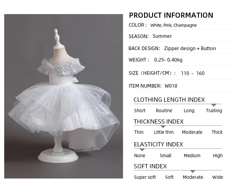 Maxy 2024, 4–12-Year-Old Summer Wedding Flower Girl Dress Trailing Sequin Tulle Party Dress Embroidered Elegant Trailing Cake Dress