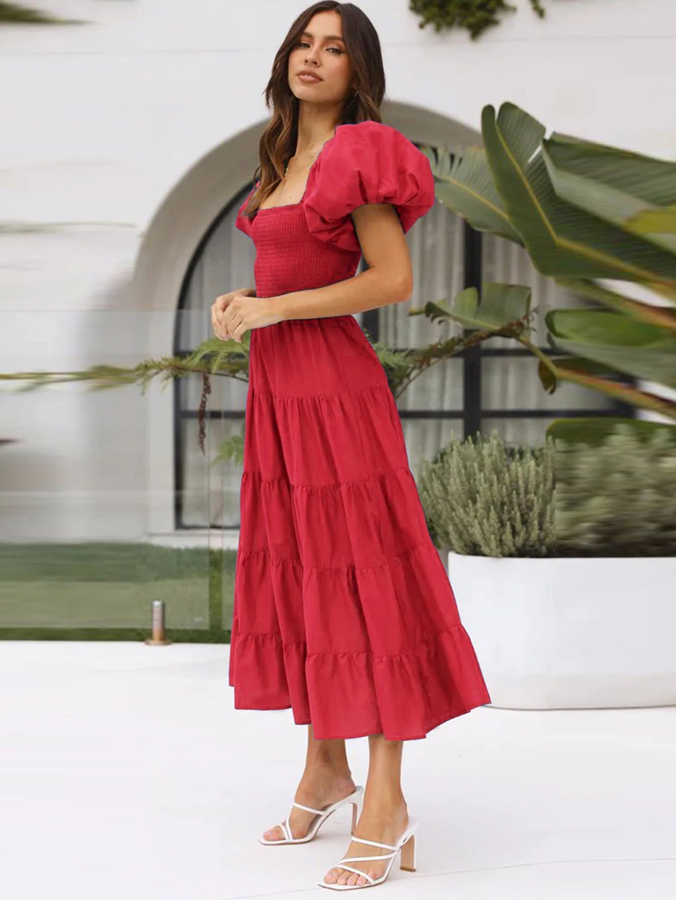 Macy Dress Red Ladies Square Neck Low Back Short Sleeve Puff Sleeve Pleated A-Line Dress Summer Casual Holiday Dress