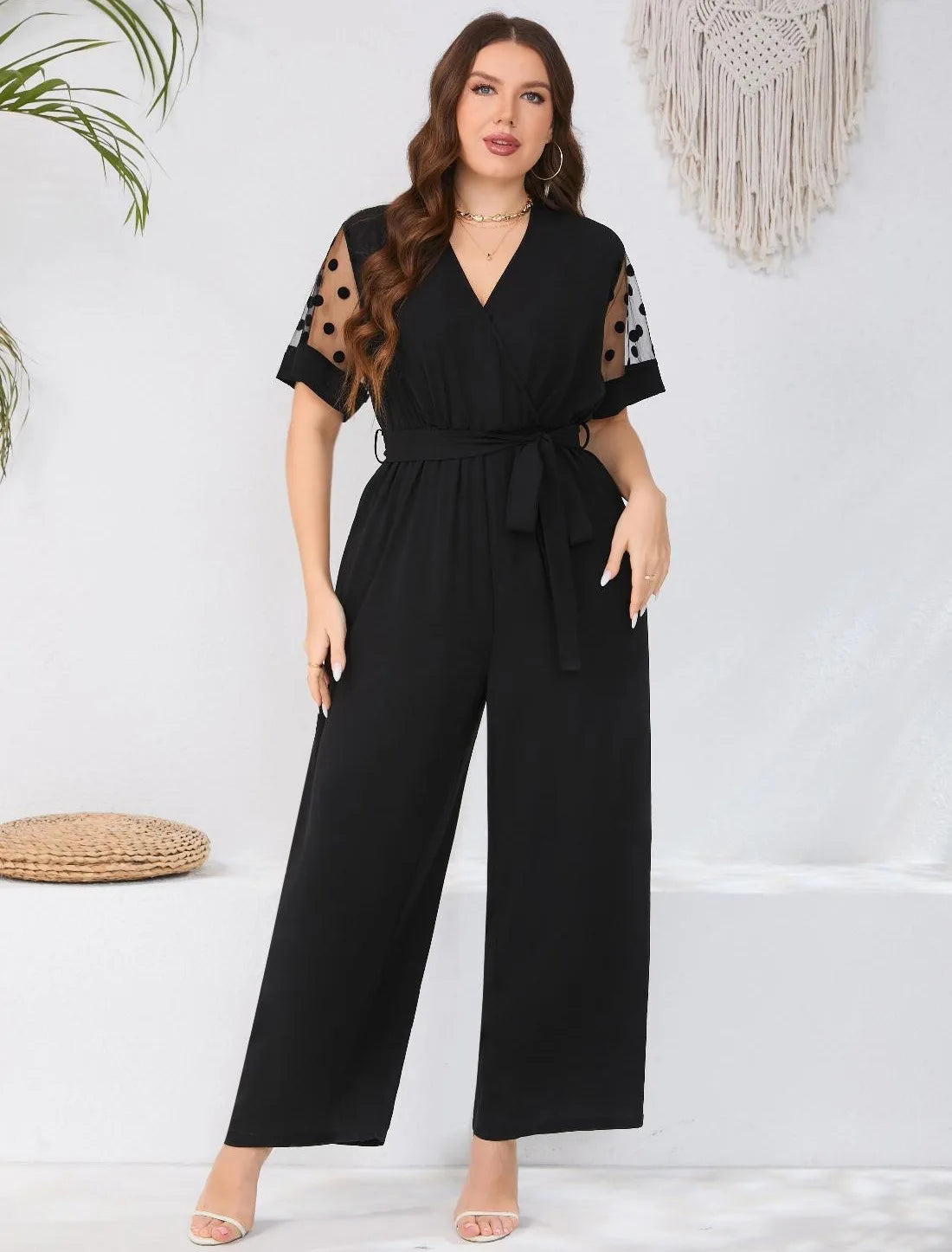 Macy Plus Size Dot Mesh Short Sleeve Belted Jumpsuit Women Summer V-neck Black Elegant Office Ladies High Waist Jumpsuits