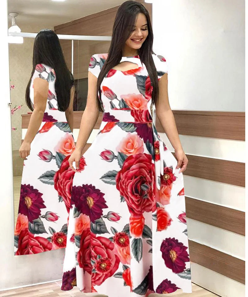 Babs Elegant Spring Women's Dress Casual Fashion Floral Print Short Sleeve Super Long Dress New Fashion Hollow Out Long Dresses