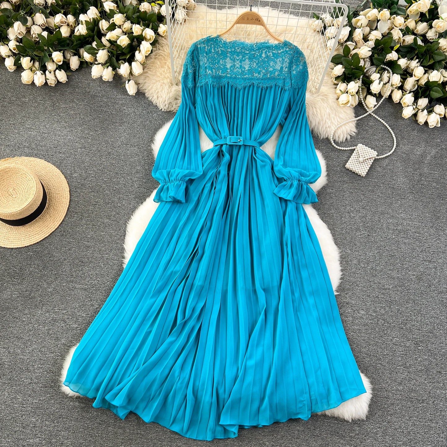 Spring Summer Women Hollow Out Lace Patchwork Pleated Long Dress Vintage Red/Blue/Purple Draped Maxi Vestidos Female Robe New