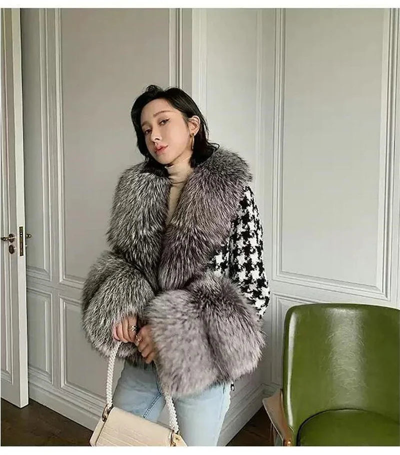 Babs Fox Fur Grass Coat Women Short Thousand Bird Grid Double Faced Fleece Collar 2024 Small Fragrant Style Imitation Fur Coat Female