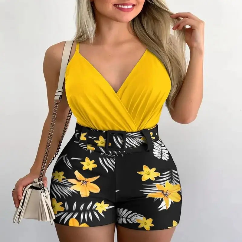 Babs Fashion Set, Summer New Women's V-neck Sexy Camisole Vest and Plant Floral Printed Shorts Set With Belt