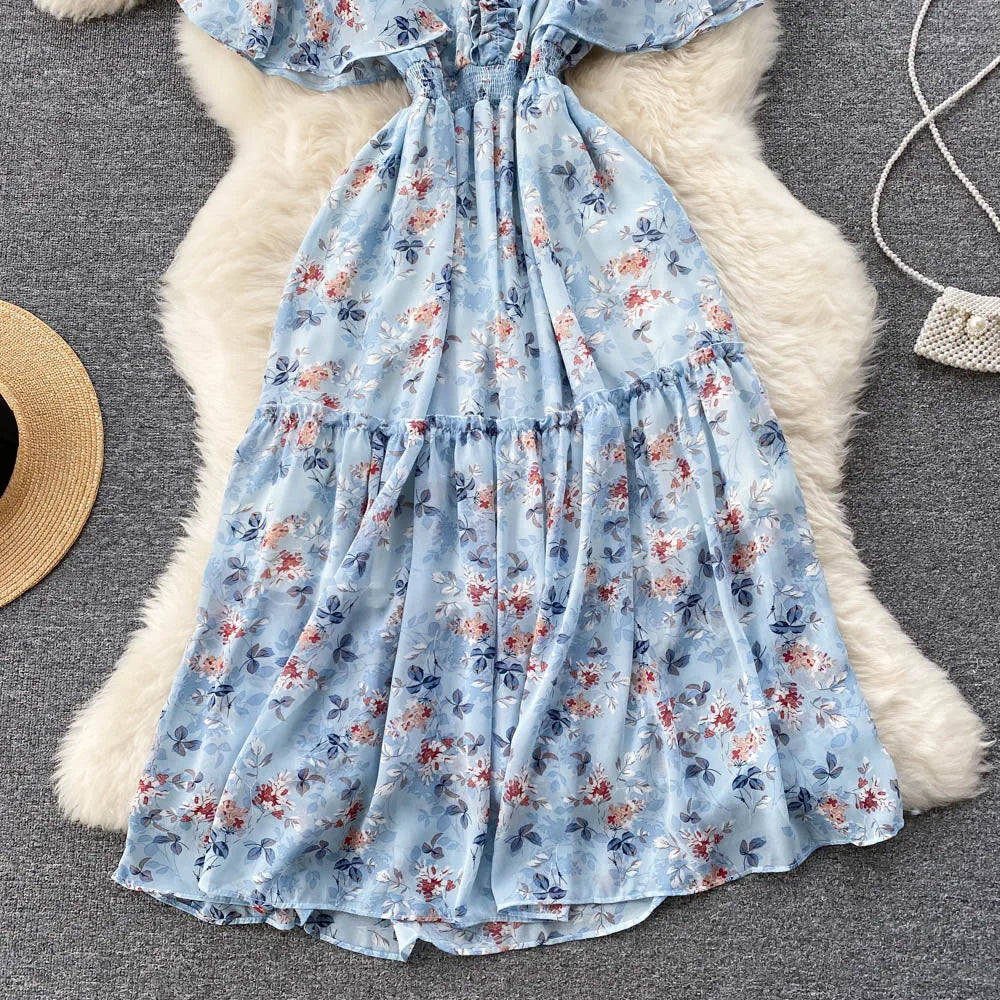 Maxy Ruffled Women Summer Long Dress 2024 Elastic Waist V Neck Vacation Chic Elegant Ladies A Line Slim Beach Dresses