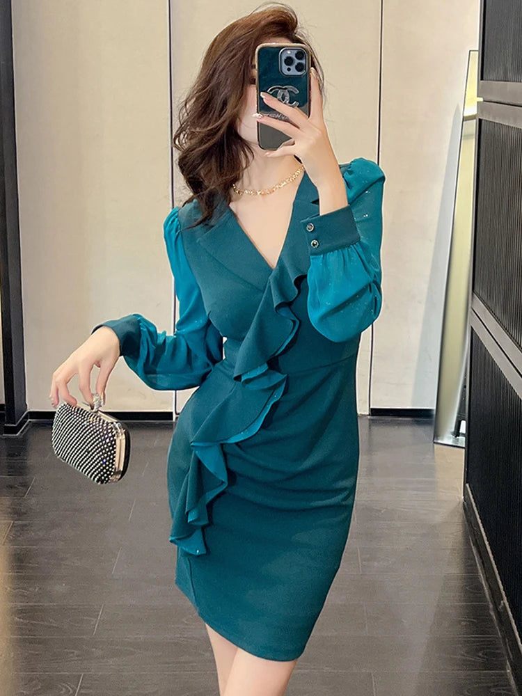 Zay Women's Elegant Style Professional Dress Woman Celebrity Sequin Ruffles Folds Mini Gown Party Business Vestidos Mujer OL Clothes