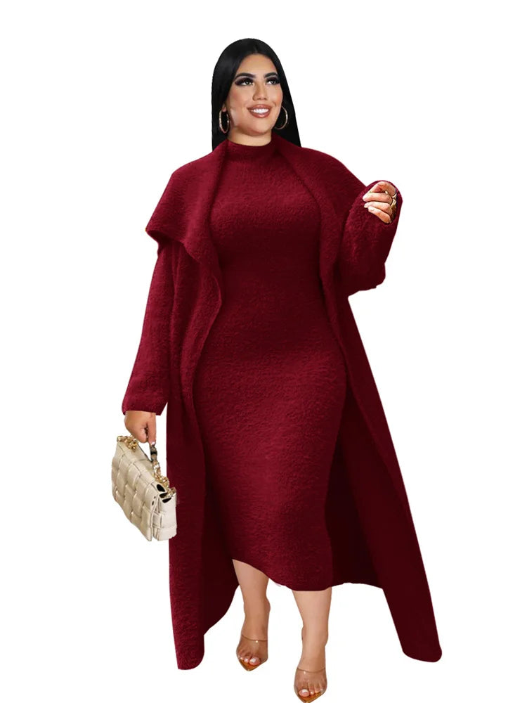 Maxy Plus Size Women Clothing Dress Sets 2 Piece Outfits Dresses and Cardigan Matching Suit (with Belt)