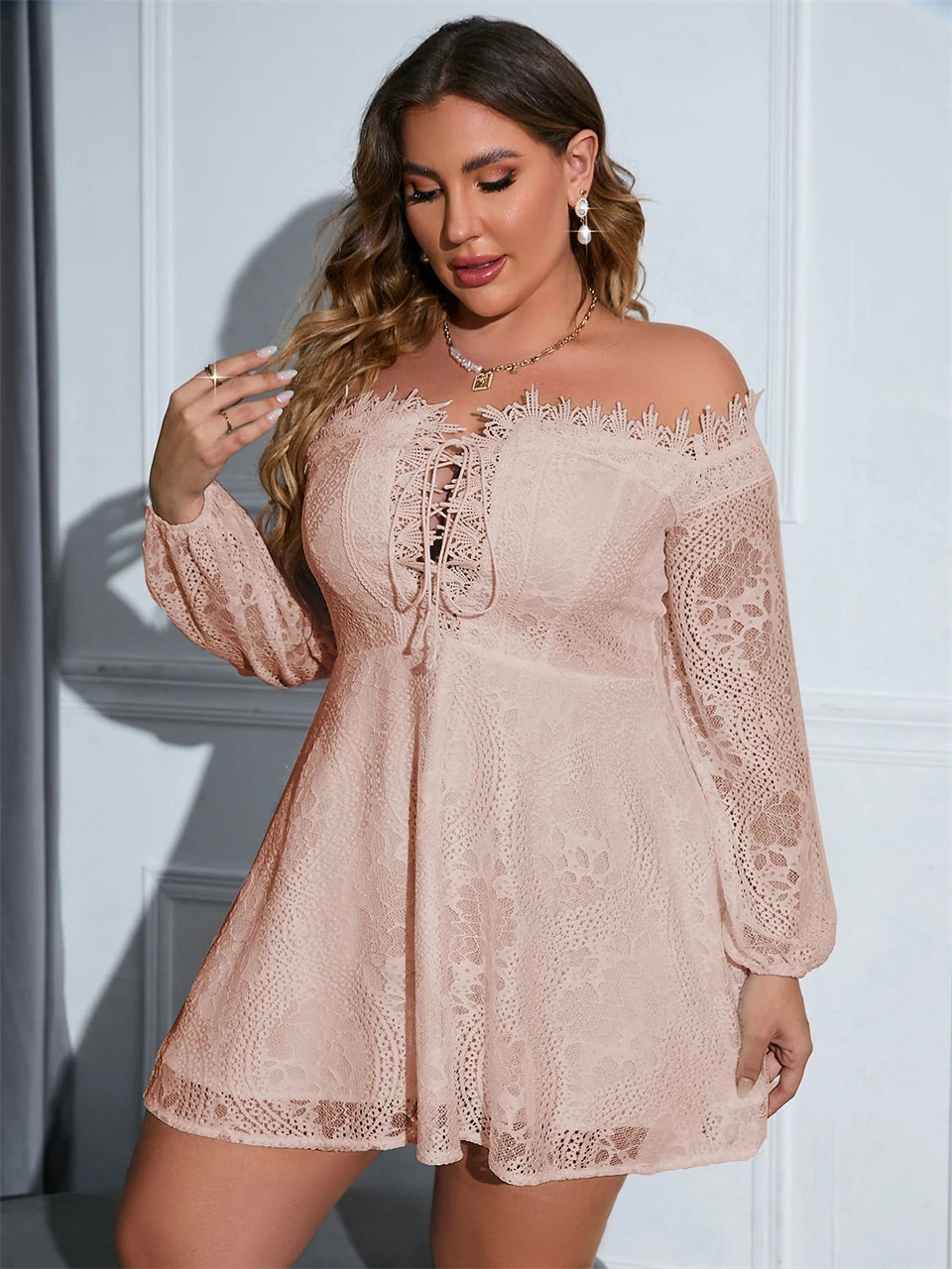 Macy Plus Size Dresses for Women Sexy Off Shoulder Lace Up A Line Mini Lace Dress Chic Elegant Woman Dress Long Sleeves 1102