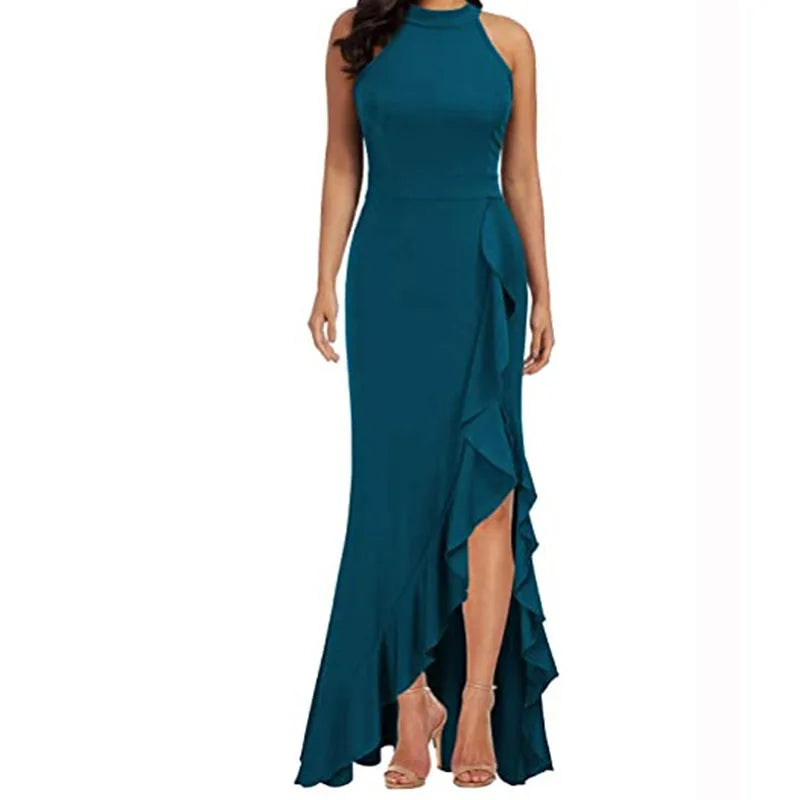 Maxy Women High Waist Plus Size Sleeveless Halter Maxy Dress Evening Dresses for Party Wedding
