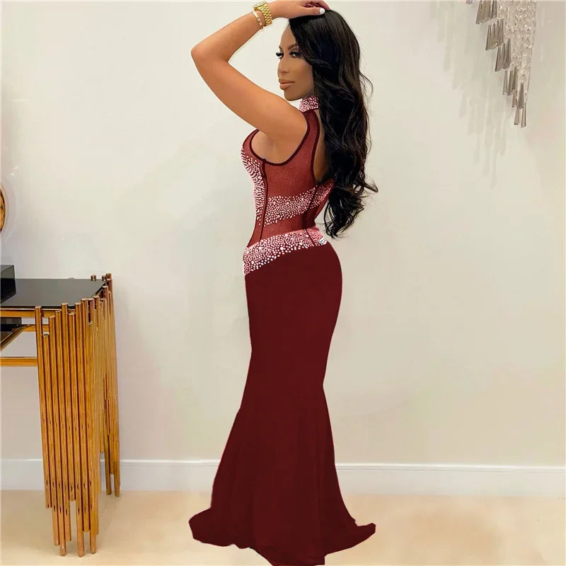 Sexy Babs Crystal Rhinestone Bodycon Dress Women Wedding Evening One Sleeve Mesh See Through Patchwork Night Party Club Dresses